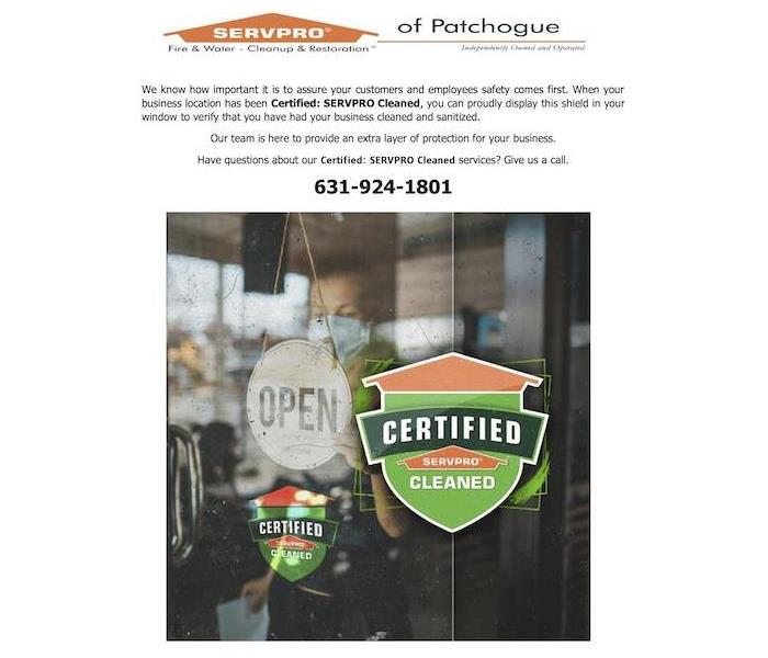 Flyer about Certified: SERVPRO Cleaned and photo with a businesses window and an open sign